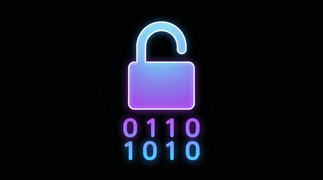 Digital padlock with binary code on black background symbolizing cybersecurity and data protection