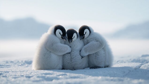 Emperor penguin chicks huddling together in snowy landscape