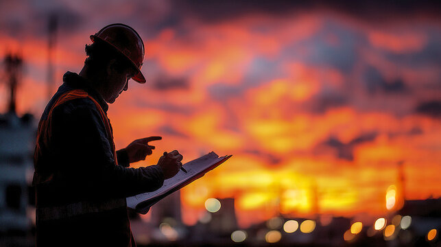Engineer with helmet and reflective vest writing clipboard during vibrant sunset, silhouette against colorful sky, industrial background with blurred lights creating dramatic and focused atmosphere