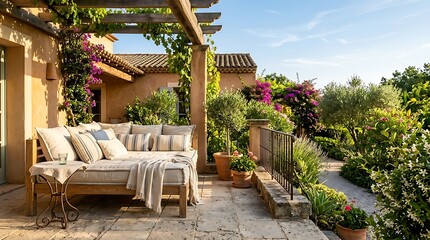 Obraz premium Beautiful Mediterranean terrace with comfortable outdoor sofa and lush green garden overlooking a scenic landscape