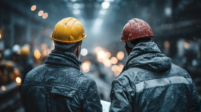 Construction worker in yellow helmet and engineer in red helmet wearing winter jackets covered with snow, inspecting site with blurred lights in cold weather