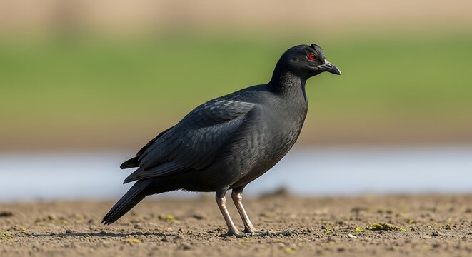Elegant black crow standing on a grassy field with blurred background