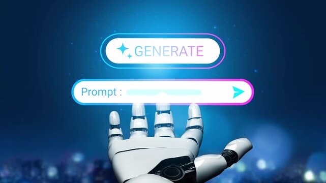 Futuristic robotic hand interacting with digital interface featuring generate prompt button against a glowing technology background with cityscape Gluon.
