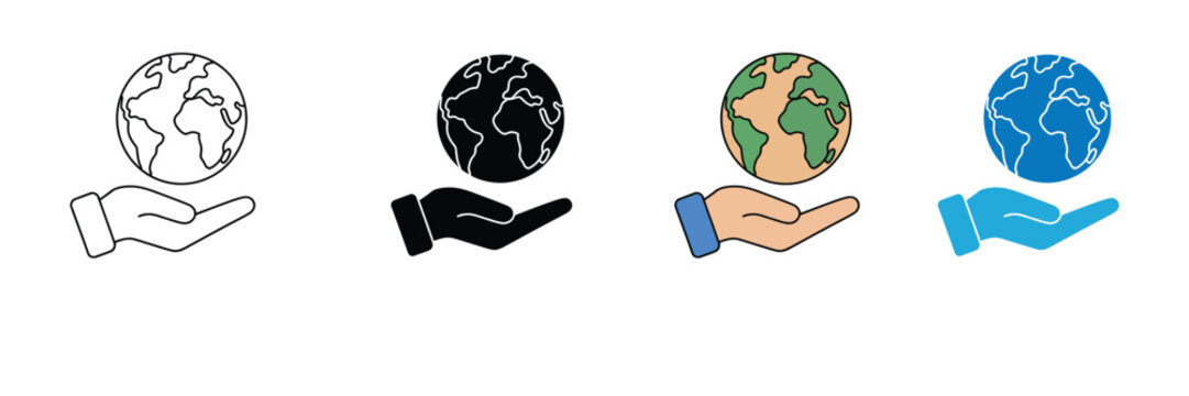 Global Care Icon with Hand Holding Earth Globe for Environmental Protection, Sustainability, and World Support. Symbol Vector Illustration.