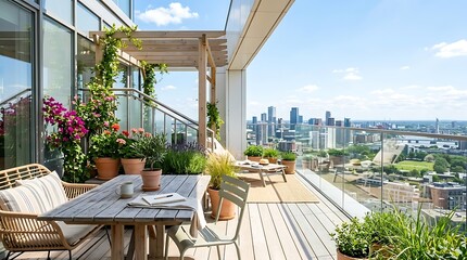 Obraz premium Modern balcony with dining set and city skyline view, perfect for outdoor living and urban relaxation