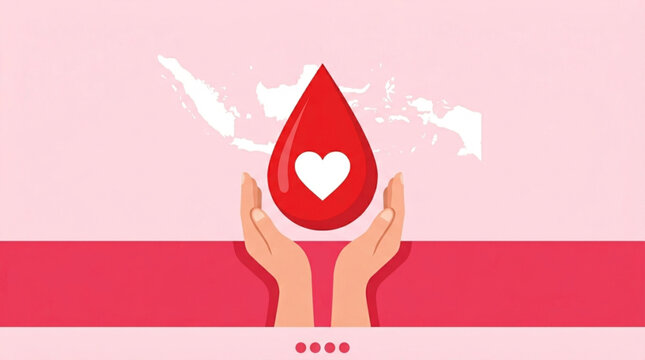 World Blood Donor Day Graphic illustration of hands holding a blood drop with a heart symbol, representing blood donation and healthcare services in Indonesia