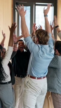 Happy, business people or team with hands together in huddle for group success or office conference. Excited, employee or colleagues piling with stack or applause for celebration, unity or solidarity