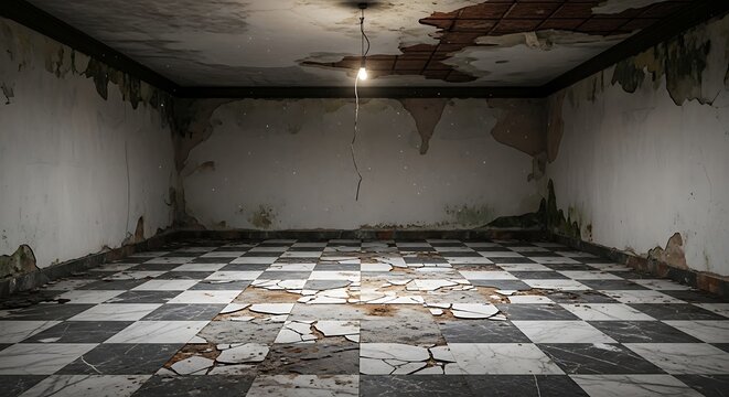 Empty square room with Grunge empty interior with checkered marble floor
