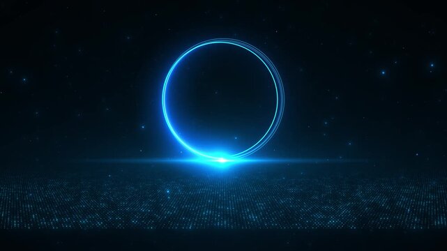 Blue neon ring digital grid background glowing circular portal, starry dark space, futuristic dotted floor. tech intros, AI videos, data visuals, sci fi scenes, logo reveals, modern video overlays.