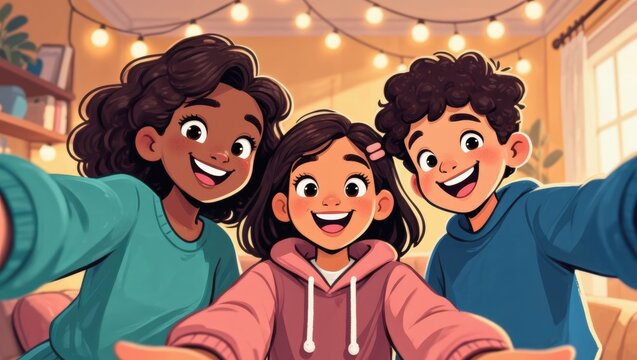 Three siblings taking funny selfie together in cozy living room