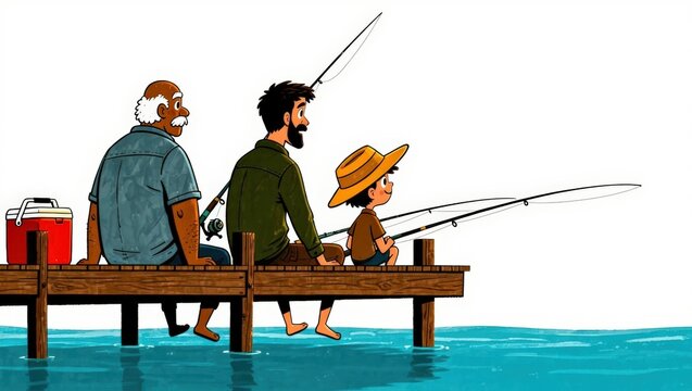Three generations of men fishing together on wooden dock