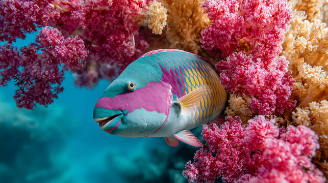 Colorful reef with parrotfish swimming through coral, showcasing biodiversity and conservation importance.