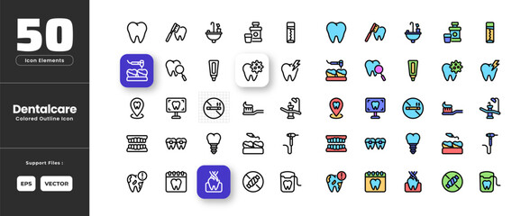 Dental Health Icon Set Collection - Outline Line Art Style. Containing Broken, Tooth, Brush, Teeth, Chewing, Gum, Dental, Braces, Clinic, Location, Drill, Drilling, Floss, Implant, Scaling, Scan. © Yumagema