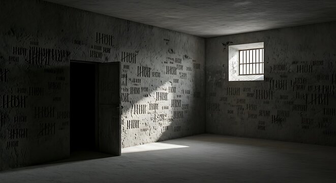 Empty square room with haunting glimpse into an abandoned prison cell, its walls adorned with countless tally marks under dim light, evoking a profound sense of isolation and long-forgotten stories.