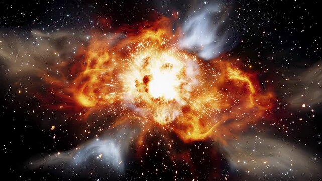 Supernova Explosion in Deep Space, Fiery Cosmic Burst with Stars