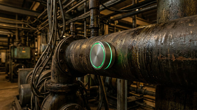Glowing Modern IoT Smart Sensor Attached to Heavy Industrial Pipe