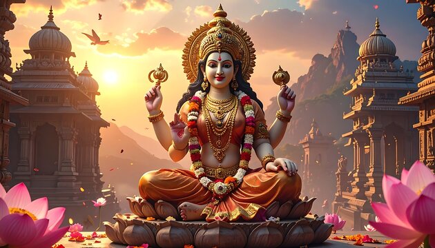 A serene statue of a deity sits cross-legged on a stone platform