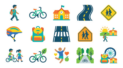 Obraz premium Collection of colorful icons depicting children walking and biking to school, promoting safe and healthy transportation methods.