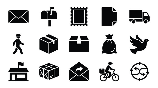 A collection of black and white icons representing various aspects of postal services, mail delivery, and shipping logistics.