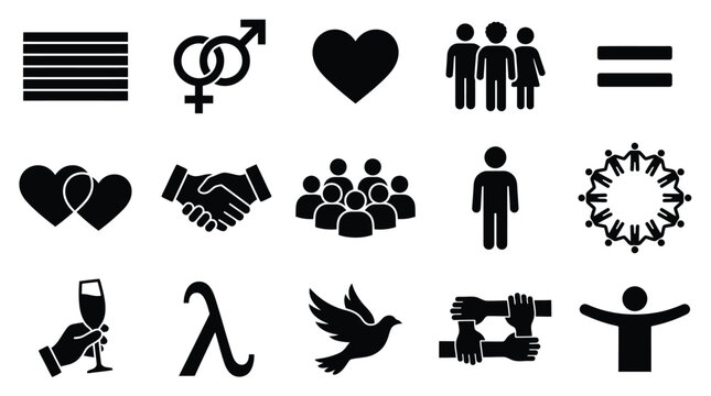 A collection of black and white icons representing various social concepts including gender, love, community, equality, peace, and unity.