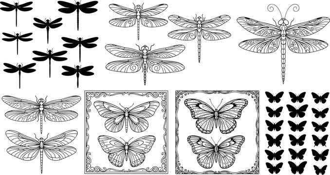 Vintage butterfly and dragonfly collection featuring decorative insect sketches silhouettes and ornamental vector illustrations isolated background