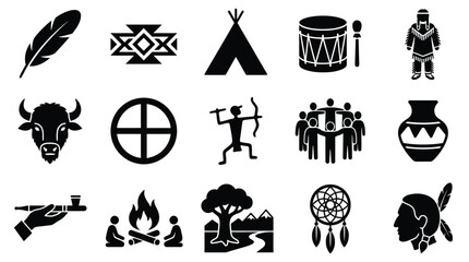 Collection of Native American cultural symbols and icons, including a feather, tipi, drum, pottery, and a dreamcatcher. © GJ