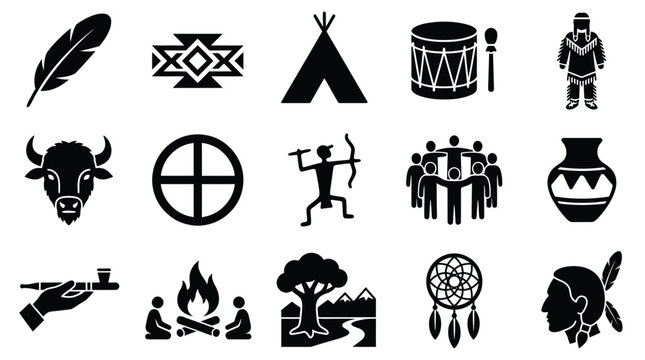Collection of Native American cultural symbols and icons, including a feather, tipi, drum, pottery, and a dreamcatcher.
