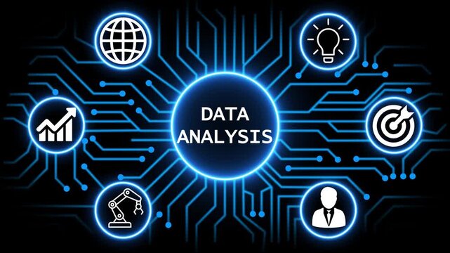 data analysis  concept with circuit lines and digital symbols hovering above a businessman, technology. manufacturing process management all connected in a digital circle like pattern.