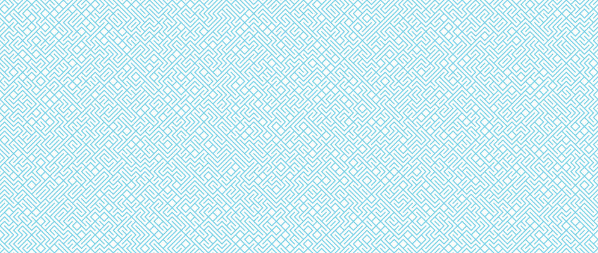 Blue geometric seamless pattern. Abstract linear repeated maze background. Line labyrinth grid texture wallpaper for graphic print, design template. Vector repeating retro line element all over bg