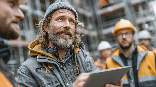 Construction worker with beard wearing winter hat and jacket holding digital tablet at jobsite with colleagues in safety helmet and vest, showing teamwork and focus in outdoor building environment