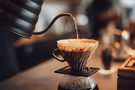 Pour Over Coffee Brewing with Kettle in Cozy Cafe Close Up