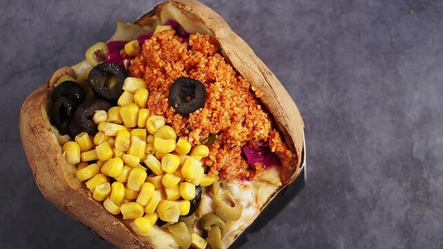 Turkish Kumpir Baked Potato with Corn, Olives, and Bulgur Salad