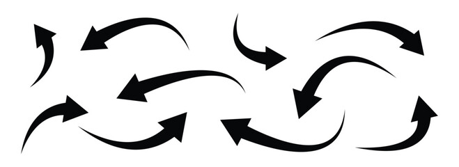 Fototapeta premium Collection of black curved arrows pointing in different directions on a clean white background from a straightforward viewpoint showcasing various arrow styles. Vector illustration. Eps10 