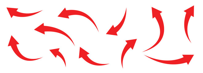 Fototapeta premium Red curved arrow icon set. Vector icon set modern simple arrows. Black abstract curved arrows pointing various direction symbol collection set. This icon set isolated on white background. Vector Eps10