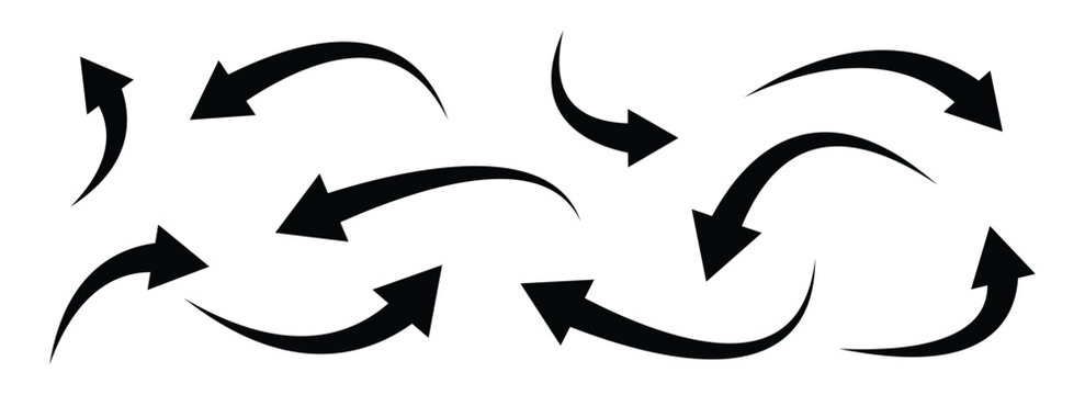 Collection of black curved arrows pointing in different directions on a clean white background from a straightforward viewpoint showcasing various arrow styles. Vector illustration. Eps10
