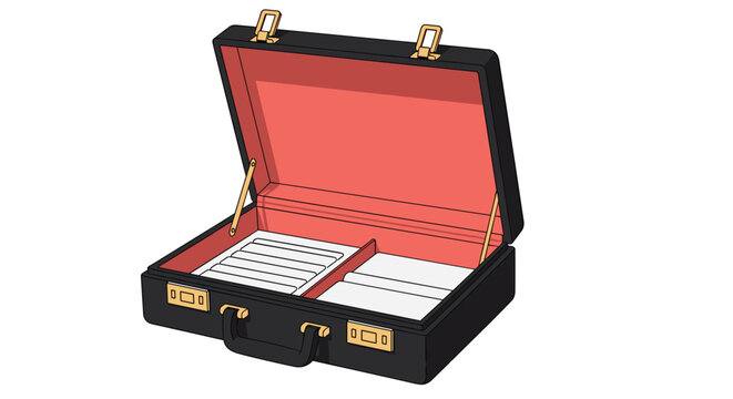 Open black professional briefcase with red interior lining and multiple white storage compartments for documents or jewelry display.