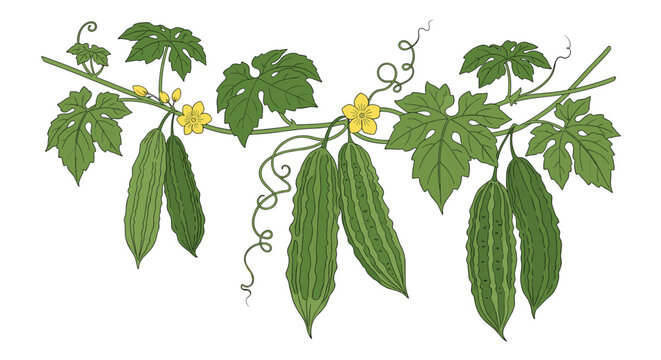 Lush bitter melon vine featuring green ribbed fruits, yellow flowers, and detailed hand drawn leaves on a white background.