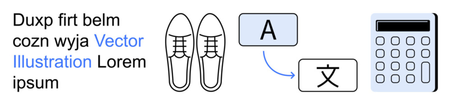 Translation services, education tools, e-commerce shopping, multilingual communication, language apps, financial calculations. Shoes, icons for translation and calculator. Translation services