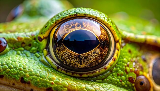 A close-up of a vibrant green frog's eye with detailed texture