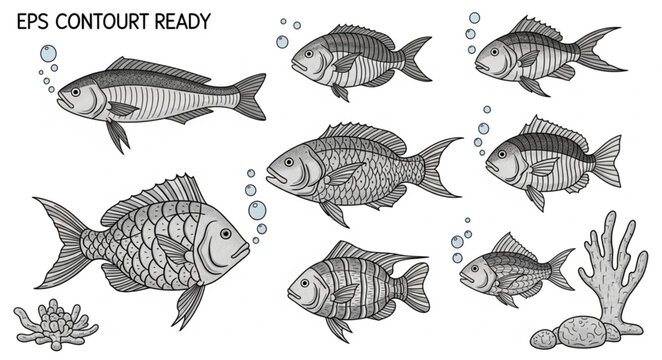 Collection of Hand Drawn Fish Illustrations in Black and White.