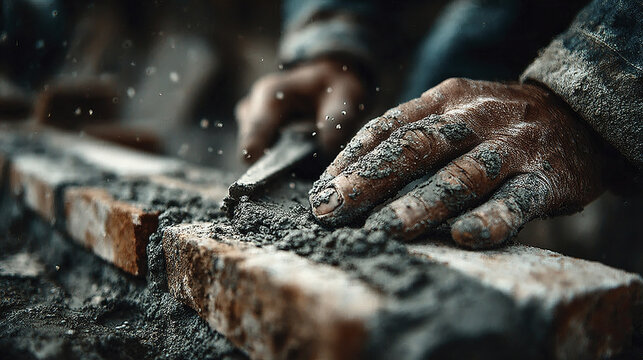 Bricklayer smoothing mortar on brick wall with rough hands covered in cement dust, showing skilled craftsmanship and hard work in construction site environment