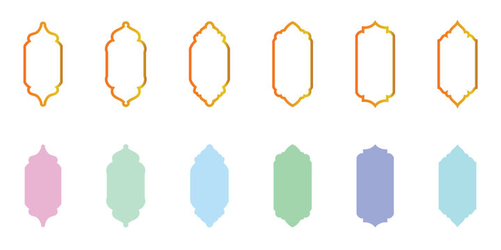 A islamic arch colorful window pattern icon set. Arabic geometric niche frame collection in clean outline and solid set . Decorative mosque panel template for background layout. Vector illustration. 