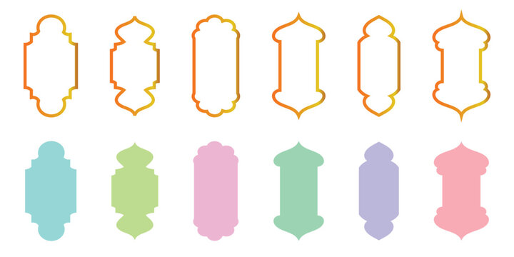 A islamic arch colorful window pattern icon set. Arabic geometric niche frame collection in clean outline and solid set . Decorative mosque panel template for background layout. Vector illustration. 