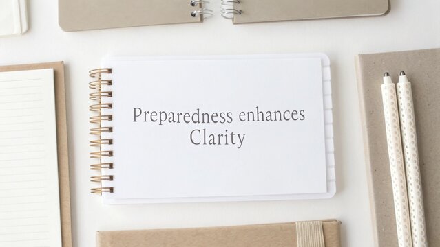 Spiral notebook open to a page with the message Preparedness enhances Clarity, arranged in a neutral-toned flat lay.