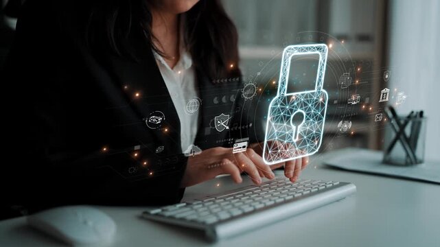 Cybersecurity protection system showing password encryption, fingerprint ID, cloud security, email, credit card, and database lock for secure data access Marrow