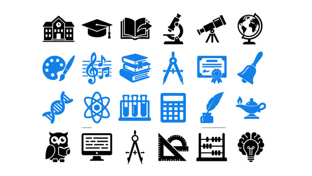 Collection of school-related icons including students, books, and academic tools.