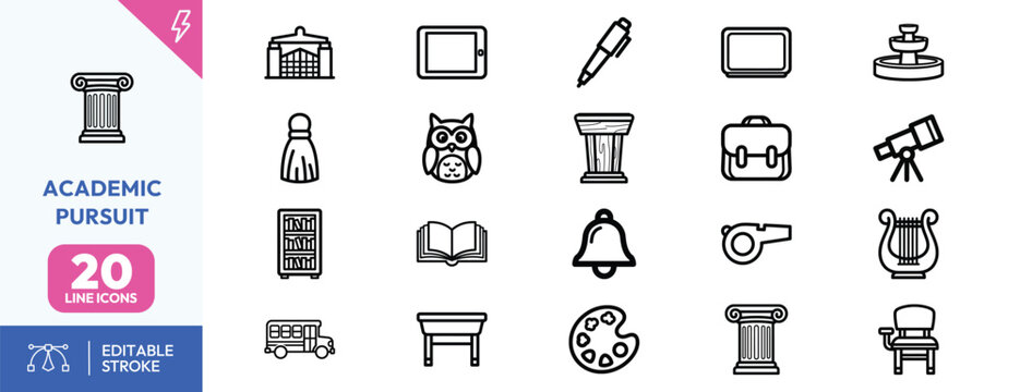 Education icons line art academic pursuit concept for learning journey classroom tools study branding and e learning visuals