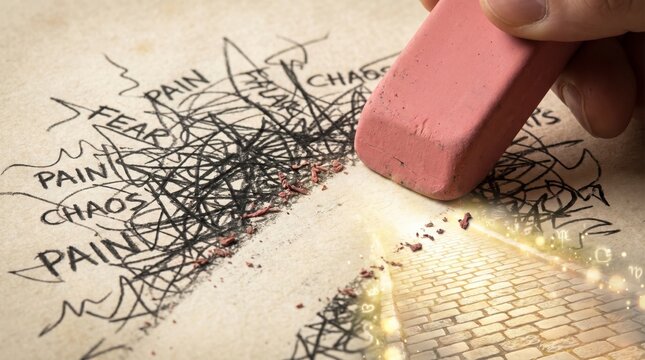 hand erasing negative words on paper concept for stress relief and mental healing