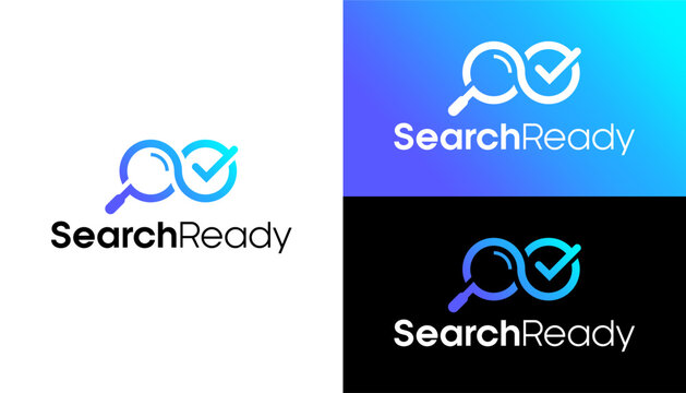 A graphic designer creates a logo with a checkmark and magnifying glass.