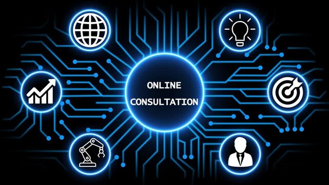online consul tation concept with circuit lines and digital symbols hovering above a businessman, technology. manufacturing process management all connected in a digital circle like pattern.